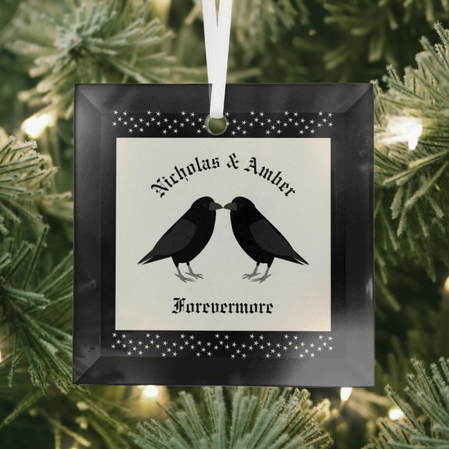 Gothic Wedding Kissing Ravens Custom Glass Ornament (Insitu)