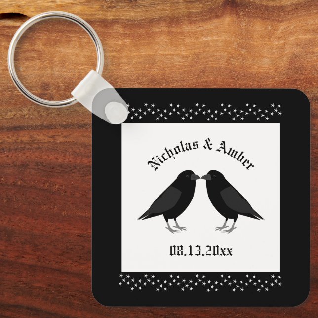 Gothic Wedding Kissing Ravens Custom Keychain (Front)