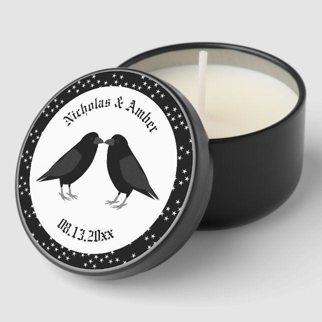 Gothic Wedding Kissing Ravens Custom Mini Candle Favors (Corner)