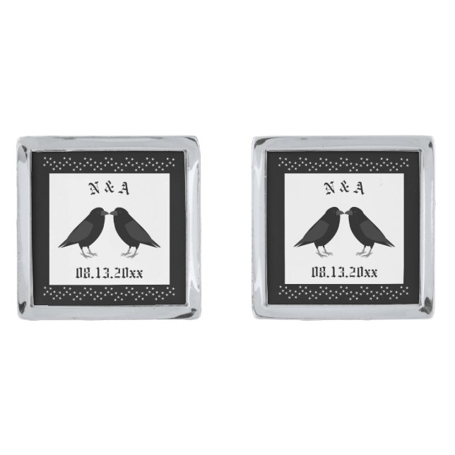 Gothic Wedding Kissing Ravens Custom Monogrammed Cufflinks (Front)