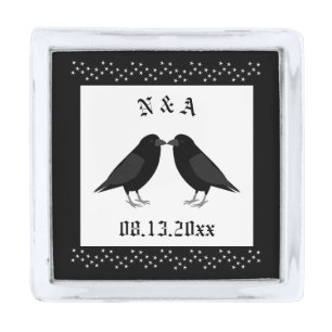 Gothic Wedding Kissing Ravens Custom Monogrammed Silver Finish Lapel Pin