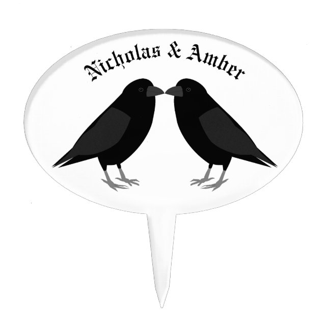 Gothic Wedding Kissing Ravens Custom Names Cake Topper (Front)