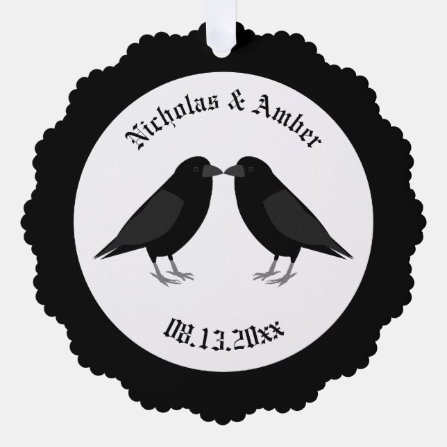 Gothic Wedding Kissing Ravens Custom Ornament Card (Front)