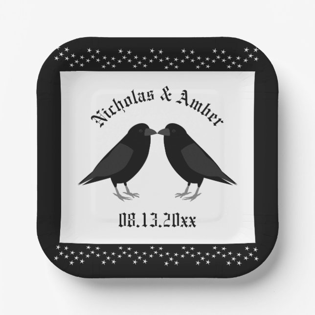 Gothic Wedding Kissing Ravens Custom Paper Plates (Front)