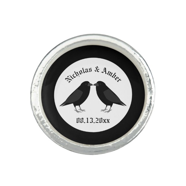 Gothic Wedding Kissing Ravens Custom Ring (Front)