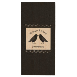 Gothic Wedding Kissing Ravens Custom Wood Flash Drive