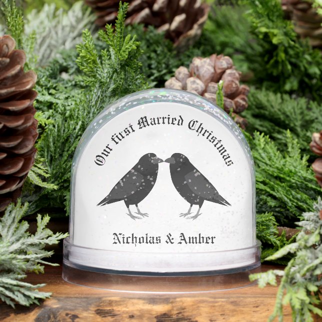 Gothic Wedding Kissing Ravens First Married Xmas Snow Globe (Winter)