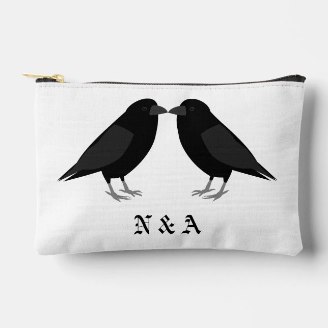 Gothic Wedding Kissing Ravens Monogrammed Accessory Pouch (Front)