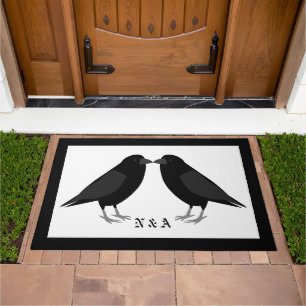 Gothic Wedding Kissing Ravens Monogrammed Doormat