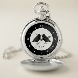 Gothic Wedding Kissing Ravens Monogrammed Pocket Watch
