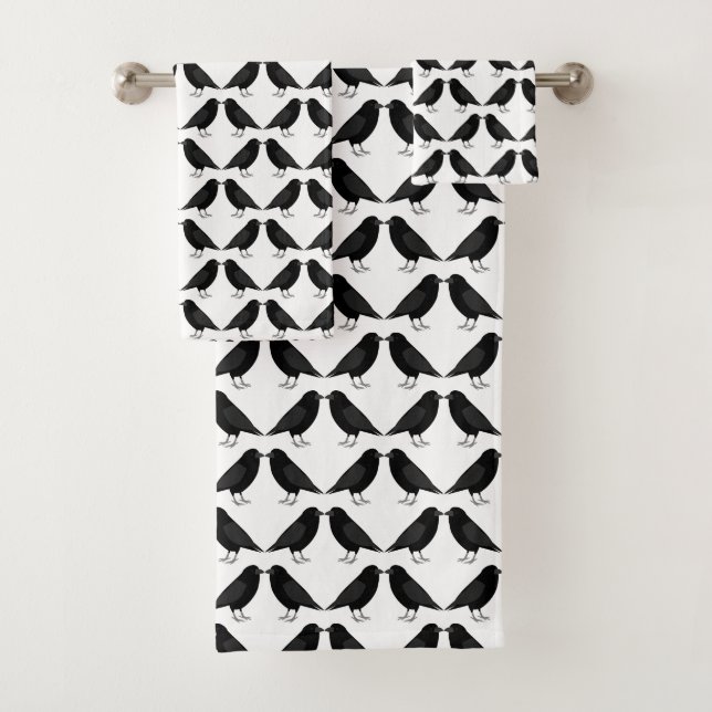 Gothic Wedding Kissing Ravens Patterned Bath Towel Set (Insitu)
