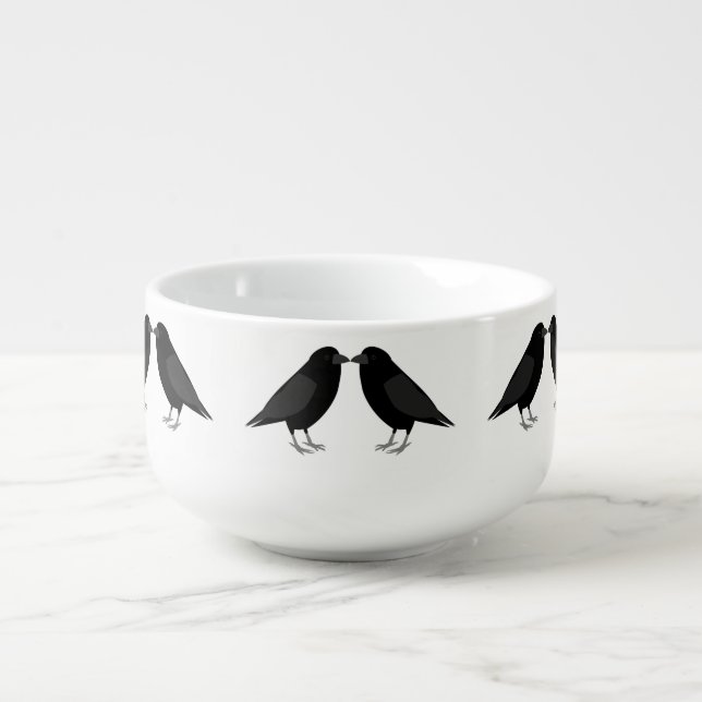 Gothic Wedding Kissing Ravens Patterned Soup Mug (Front)
