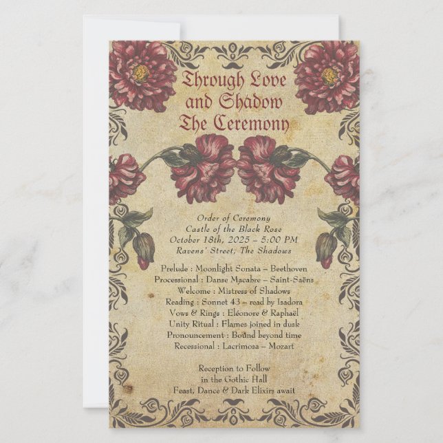 Gothic Wedding Program with Vintage Paper and Dark (Front)