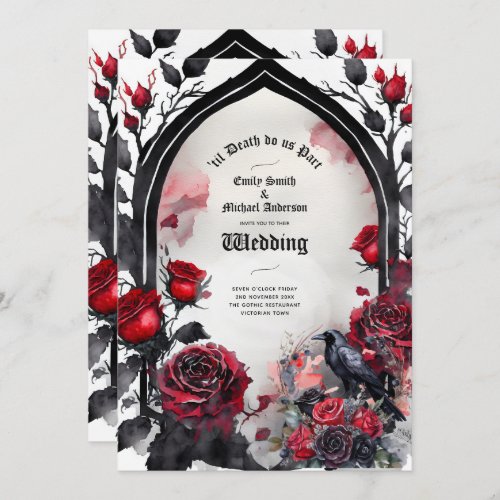 Gothic Wedding Red Black Roses Raven Invitation