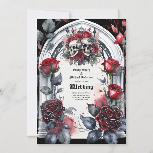 Gothic Wedding Red Black Roses Skulls Arch Invitation