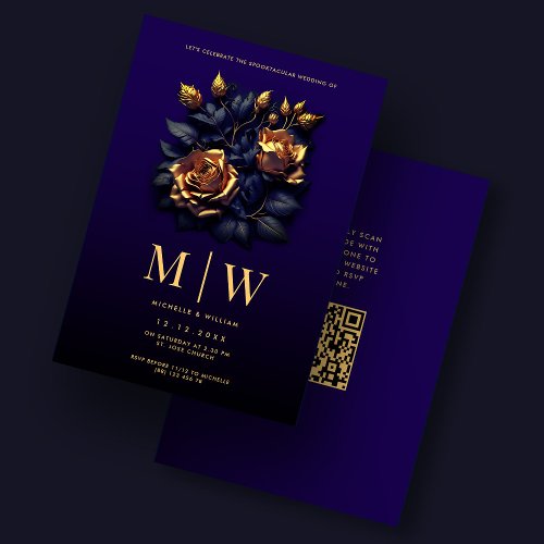 Gothic Wedding Roses Elegant Dark Blue Gold Invitation