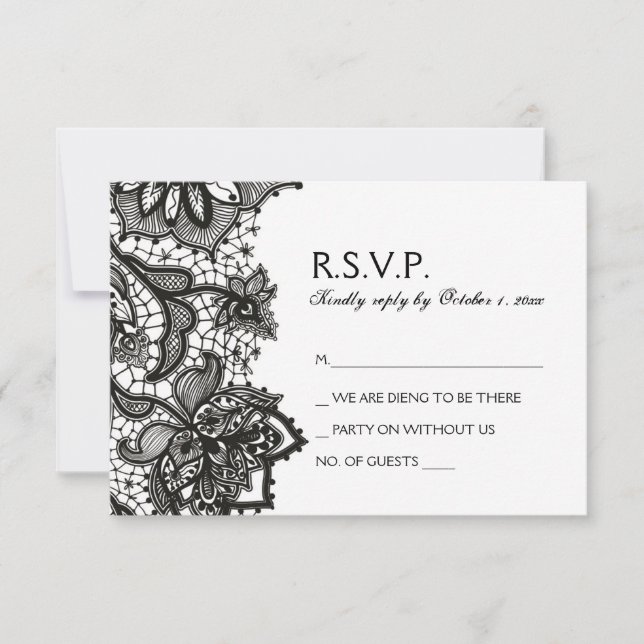 Gothic Wedding RSVP - Black Lace Pattern Card (Front)