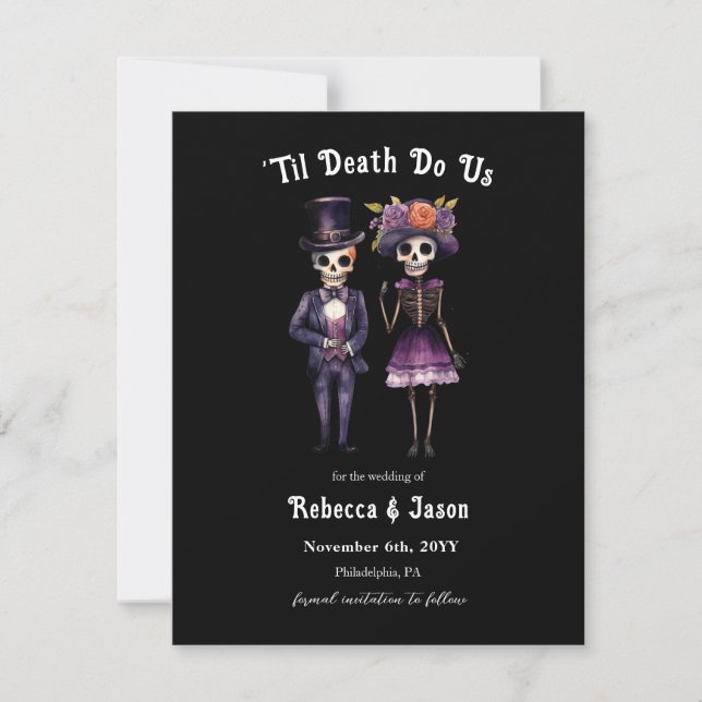 Gothic wedding skeletons save the date announcement (Front)