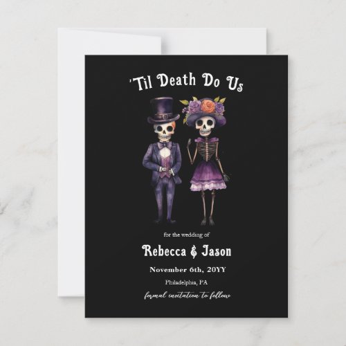 Gothic wedding skeletons save the date announcement