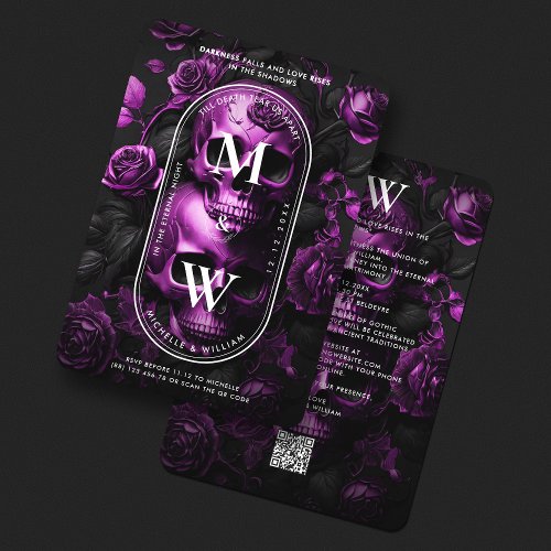 Gothic Wedding Skull Roses Dark Purple Monogram  Invitation