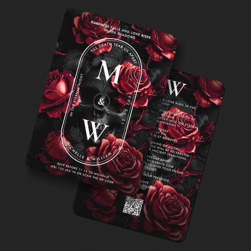 Gothic Wedding Skull Roses Monogram Black Red Invitation
