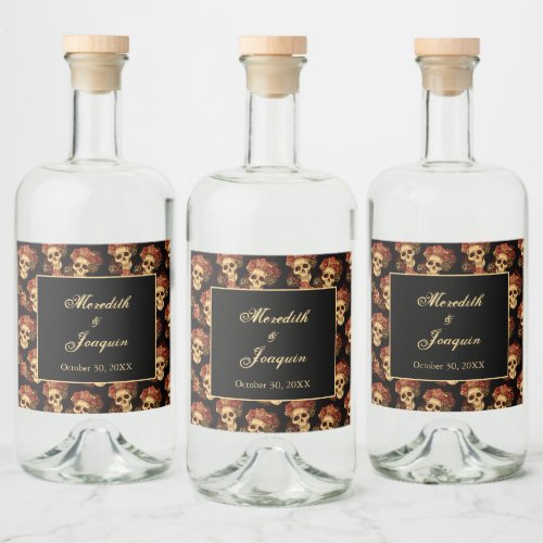 Gothic Wedding Skulls Black Red Rose Custom Liquor Bottle Label