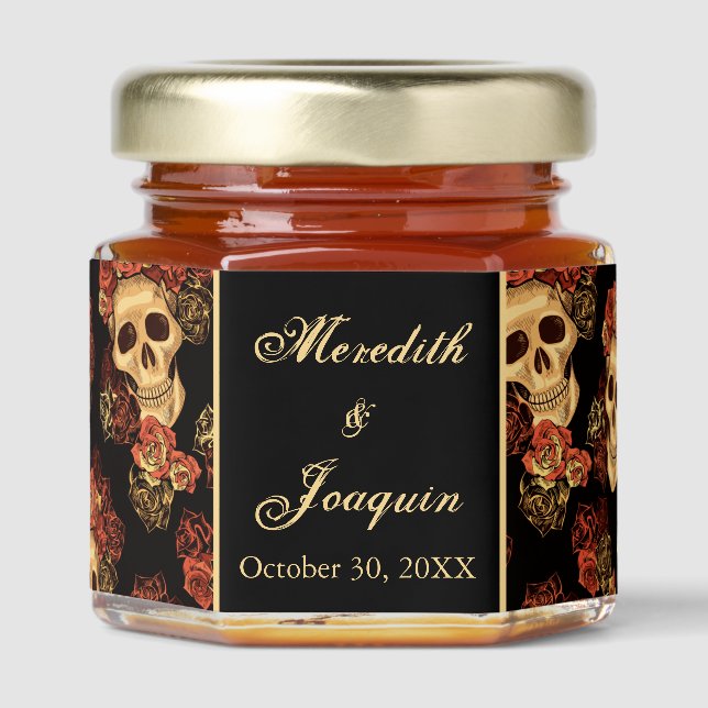 Gothic Wedding Skulls Custom Black Honey Jar Favors (Front)