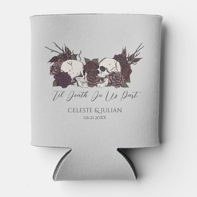 Gothic Wedding Skulls & Roses Gray  Can Cooler (Front)