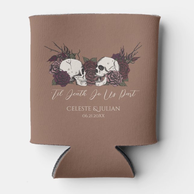 Gothic Wedding Skulls & Roses Tan Brown Can Cooler (Front)