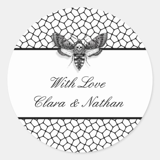 Gothic Wedding Sticker – Moth & Lace Black & White (Front)