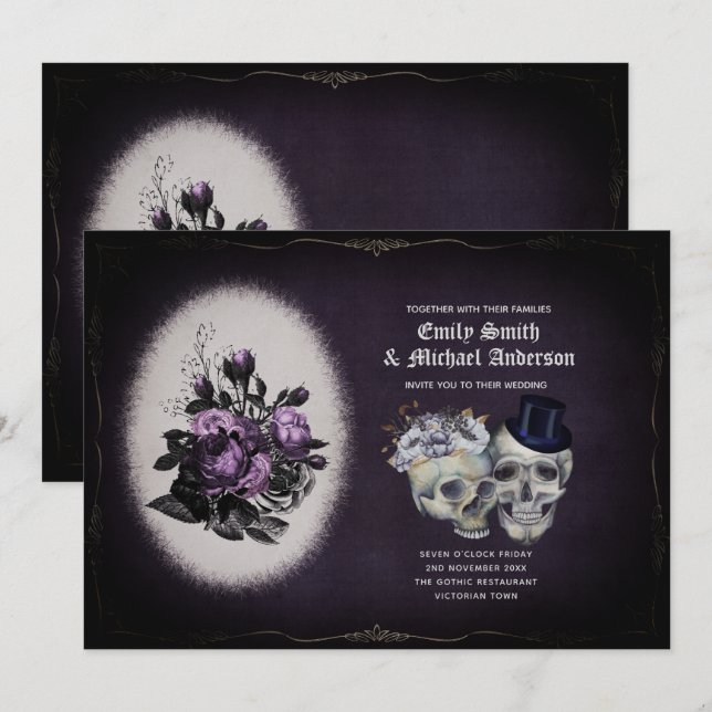 Gothic Wedding Vintage Floral Purple Skulls Invitation (Front/Back)