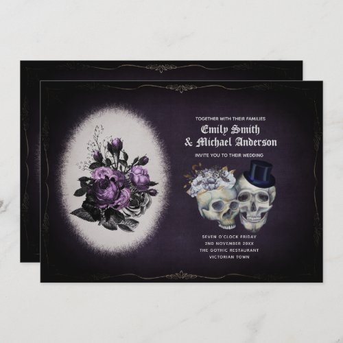 Gothic Wedding Vintage Floral Purple Skulls Invitation
