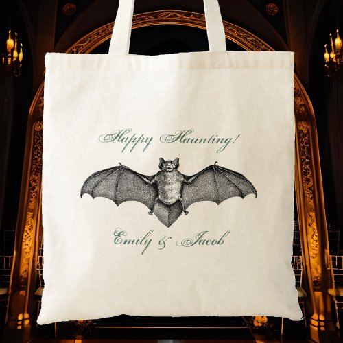 Gothic Wedding Vintage Halloween Bat Couple Names Tote Bag