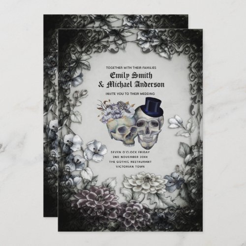 Gothic Wedding Vintage Watercolor Flowers Skulls Invitation