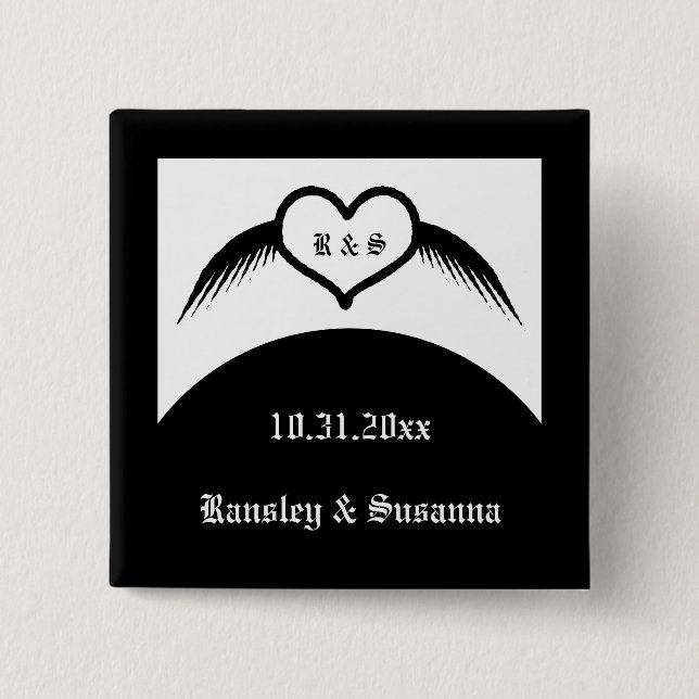Gothic Wedding Winged Heart Custom Monogrammed Button (Front)
