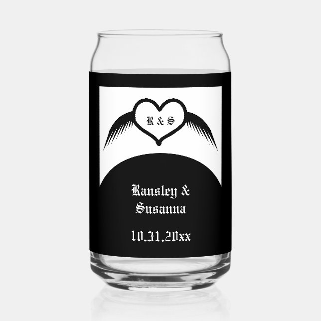Gothic Wedding Winged Heart Custom Monogrammed Can Glass (Front)