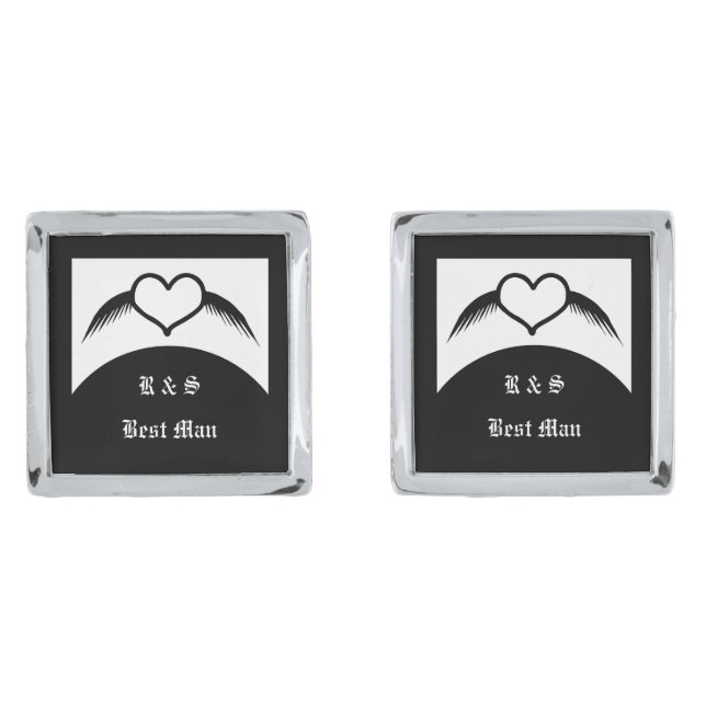 Gothic Wedding Winged Heart Custom Monogrammed Cufflinks (Front)