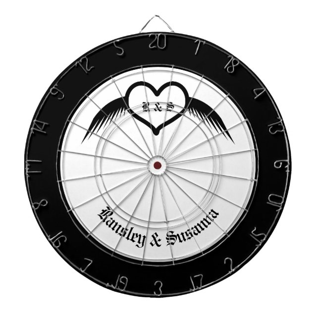 Gothic Wedding Winged Heart Custom Monogrammed Dart Board (Front)