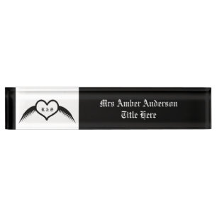 Gothic Wedding Winged Heart Custom Monogrammed Desk Name Plate