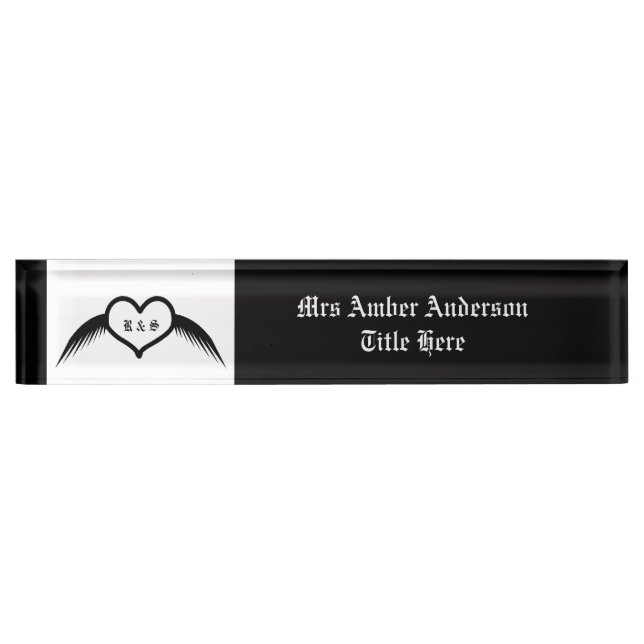 Gothic Wedding Winged Heart Custom Monogrammed Desk Name Plate (Front)