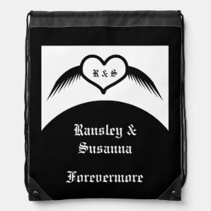 Gothic Wedding Winged Heart Custom Monogrammed Drawstring Bag