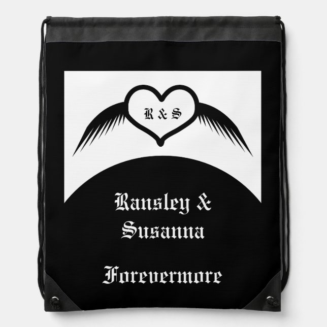 Gothic Wedding Winged Heart Custom Monogrammed Drawstring Bag (Front)