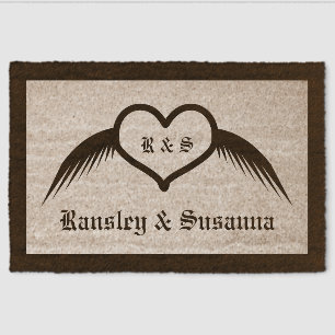 Gothic Wedding Winged Heart Custom Monogrammed Fiber Doormat