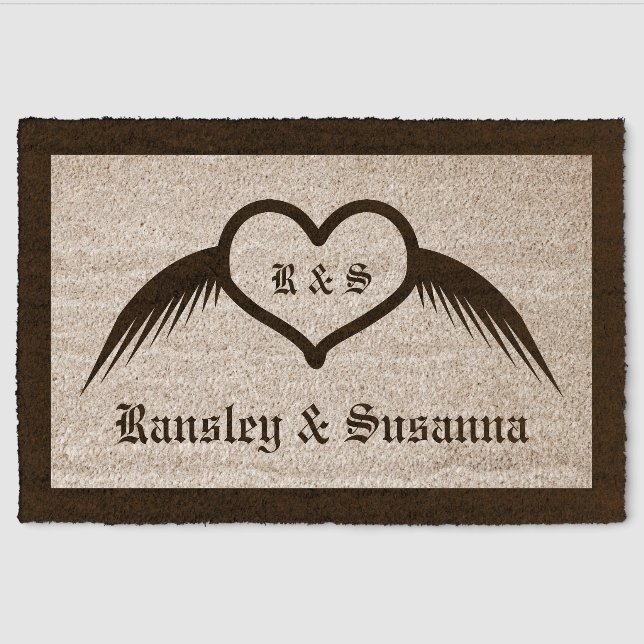Gothic Wedding Winged Heart Custom Monogrammed Fiber Doormat (Front)
