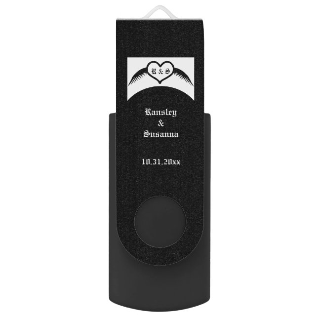 Gothic Wedding Winged Heart Custom Monogrammed Flash Drive (Front Vertical)