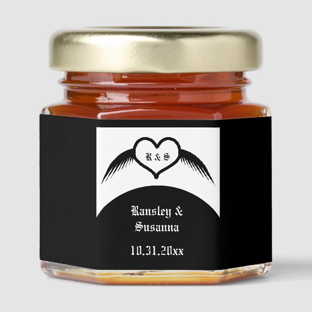 Gothic Wedding Winged Heart Custom Monogrammed Honey Jar Favors (Front)