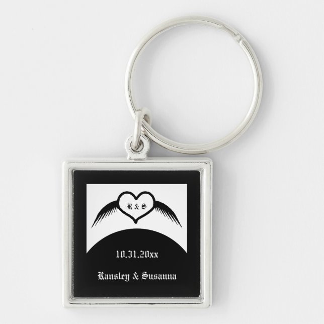 Gothic Wedding Winged Heart Custom Monogrammed Keychain (Front)