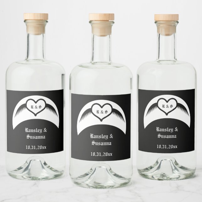 Gothic Wedding Winged Heart Custom Monogrammed Liquor Bottle Label (Bottles)