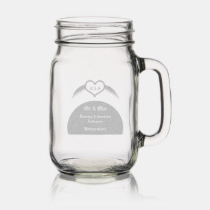 Gothic Wedding Winged Heart Custom Monogrammed Mason Jar W/ Handle