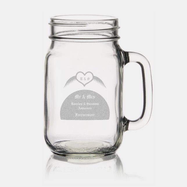 Gothic Wedding Winged Heart Custom Monogrammed Mason Jar W/ Handle (Glassware)